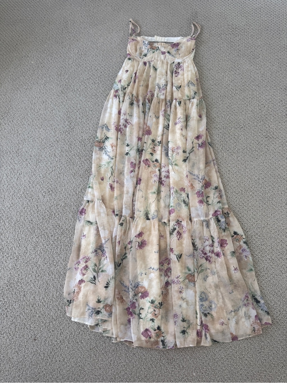 Floral Cream Maxi Dress with Purple & Green Accents